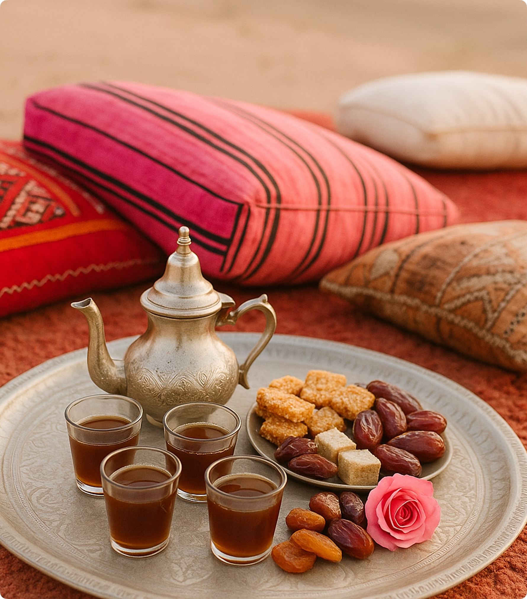 Traditional Moroccan tea service with teapot, dates and pastries